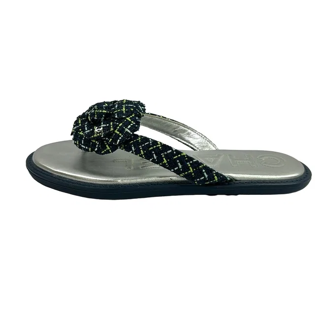 Chanel Sandals Navy Light Green Blue Camellia in Navy Tweed from The Reluxe