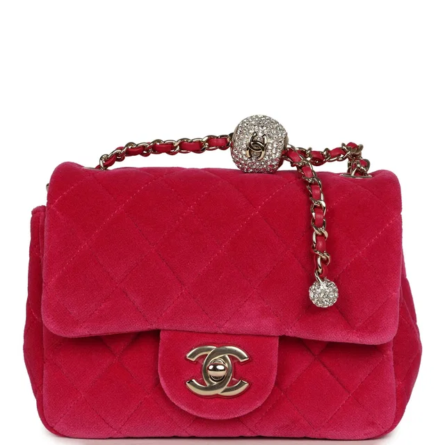 Chanel Mini Pearl Crush Square Flap Bag Fuchsia Velvet Light Gold Hardware in Pink Velvet from Madison Avenue Couture