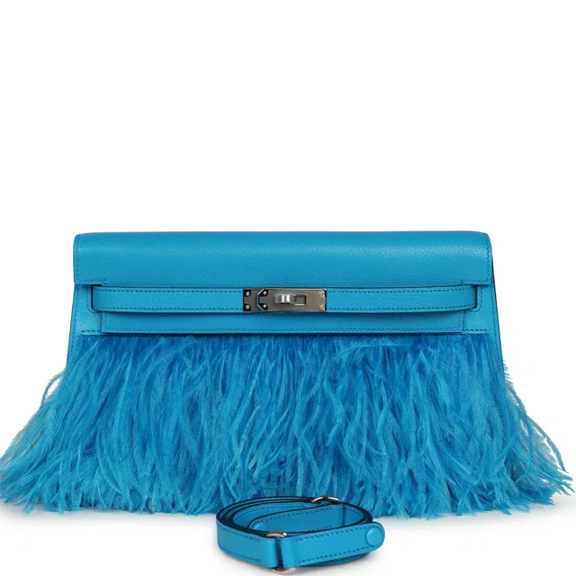 Hermès Kelly Elan Foile Bleu Frida Chevre Chamkila and Ostrich Feathers Palladium Hardware in Blue Goatskin from Madison Avenue Couture