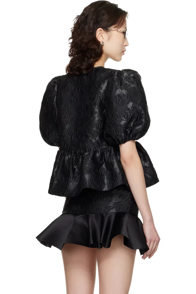 GANNI Black Satin Peplum Tie Blouse, photo 3 of 4 from SSENSE