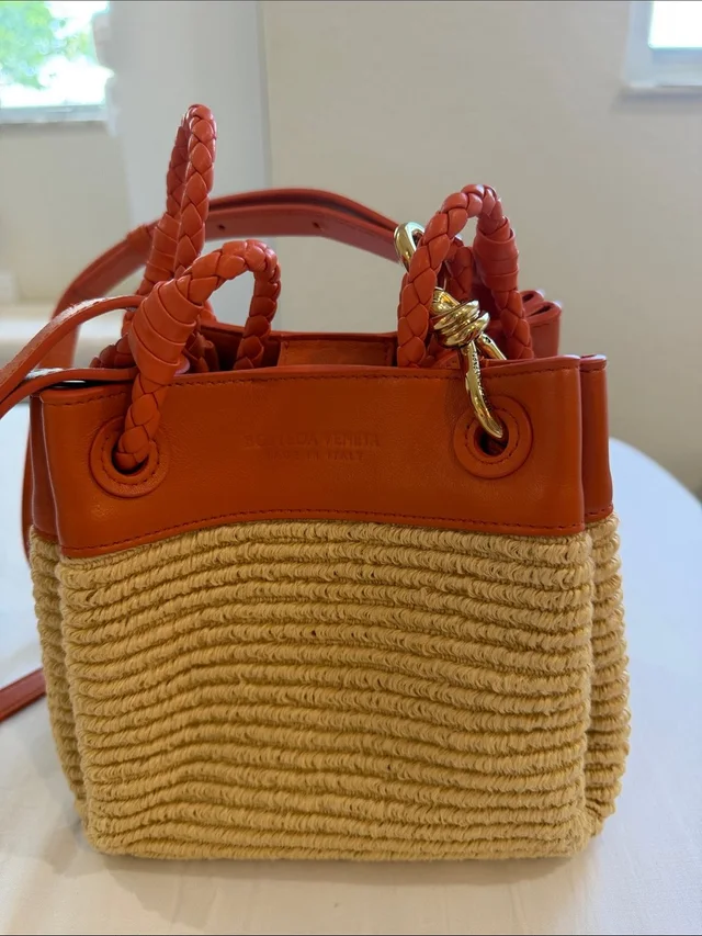 Bottega Veneta Leather-Trim Raffia Shoulder Bag in orange Raffia from Poshmark