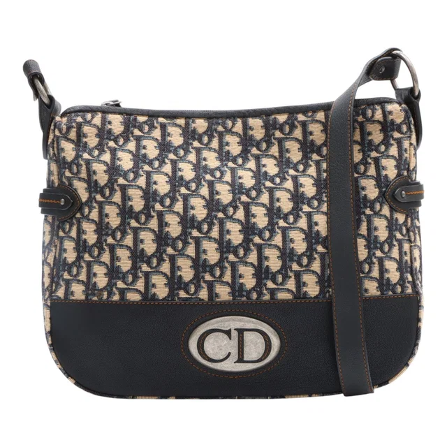 Dior Trotter Pattern Logo Plate Shoulder Bag Navy in Navy Canvas from VINTAGE QOO TOKYO