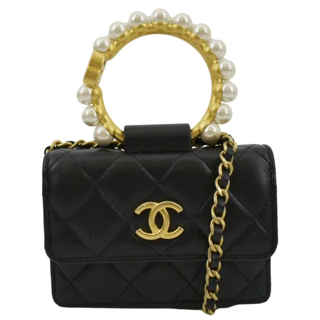 Chanel Pearl Mini Quilted Leather Top Handle Shoulder Bag Black in Black Leather from Dallas Designer Handbags
