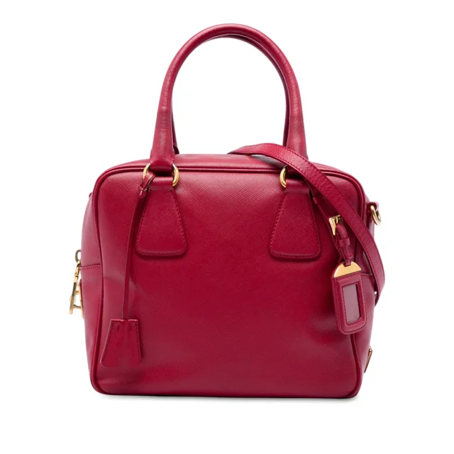 Red Prada Small Saffiano Square Bauletto Satchel in Red Saffiano leather from Designer Revival