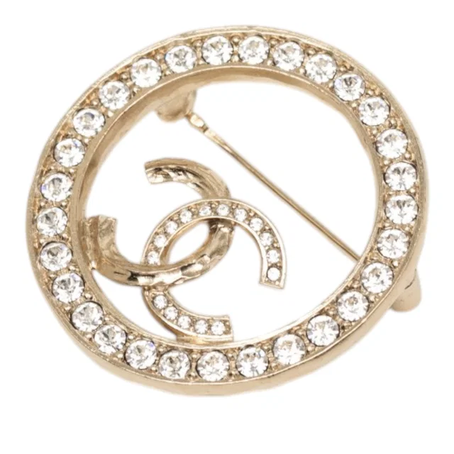 Gold Chanel CC Gold Plated Strass Round Pin Brooch in Gold from Designer Revival