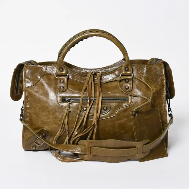 Balenciaga the City Handbag Khaki Olive Silver in Green Leather from The Reluxe