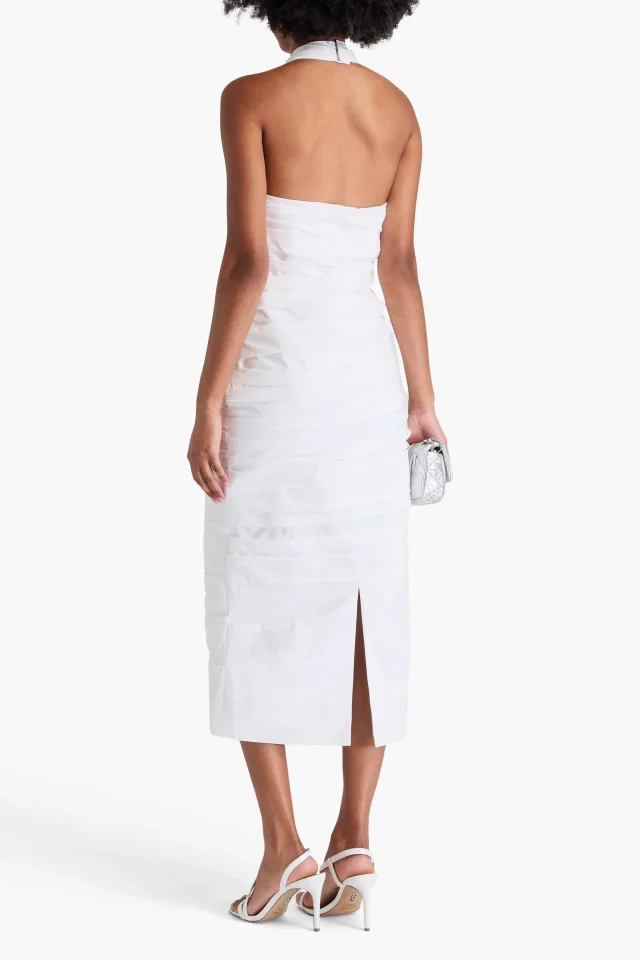 Carolina Herrera Floral-Appliquéd Cotton-Blend Poplin Halterneck Midi Dress in White, photo 3 of 4 from THE OUTNET