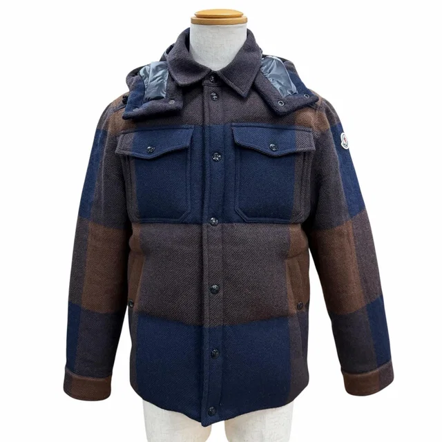 Moncler Ladurns Wool Plaid Hooded Double Zip Up Jacket Brown Navy 0 in Brown Wool from The Reluxe