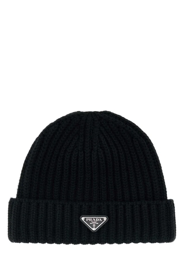 Prada Hat Ribbed Virgin Wool Beanie — Black Exterior: Beanies in Black Wool from HEWI