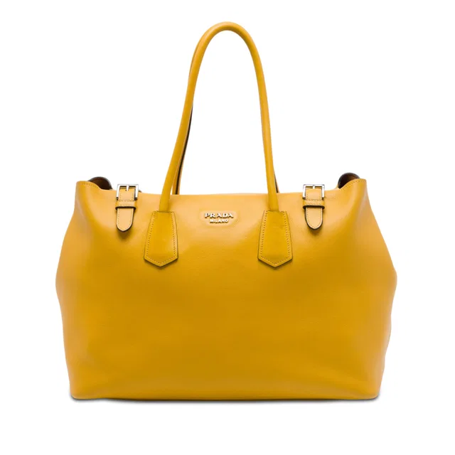 Yellow Prada City Calf Leather Buckle Tote in Yellow Calfskin from Designer Revival