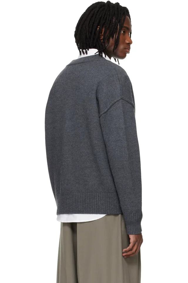 AMI Paris Gray Wool Contrasted Ami de Coeur Cardigan, photo 3 of 4 from SSENSE
