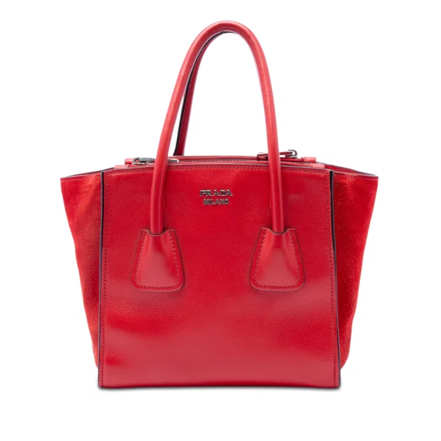 Red Prada Small Glace Calf Twin Pocket Satchel in Red Calfskin from Designer Revival