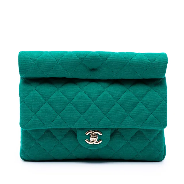 Green Chanel CC Quilted Jersey Roll Clutch in Green from Designer Revival