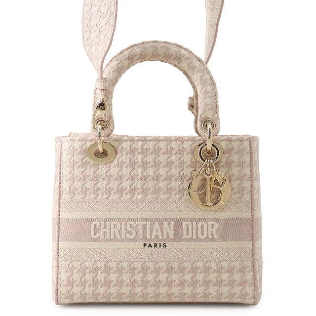Dior Lady D-Light Houndstooth 2-Way Bag Rose De VanM0565OZAF_M912 Canvas Size Medium in Pink Canvas from GALLERY RARE