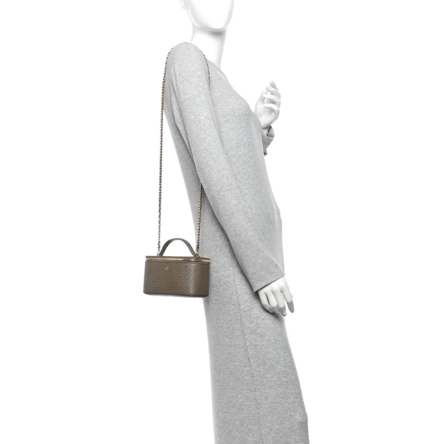 Chanel Lizard Embossed Top Handle Vanity With Chain Dark Khaki in Green Calfskin from FASHIONPHILE, photo 2 of 11