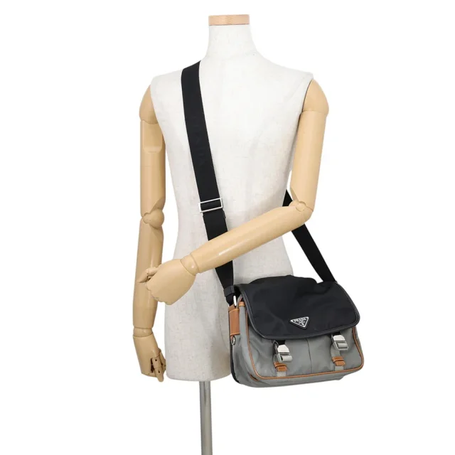 Prada Triangle Logo Shoulder Bag Black/Gray/Brown2VD769 Nylon Saffiano LeatherLeather in Black Saffiano leather from GALLERY RARE, photo 4 of 18