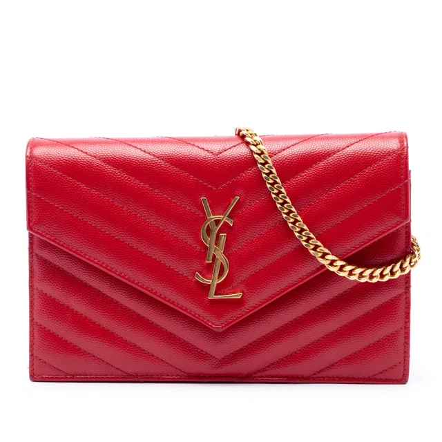 Red Saint Laurent Grain De Poudre Chevron Monogram Envelope Wallet on Chain Crossbody Bag in Red Leather from Designer Revival, photo 1 of 1