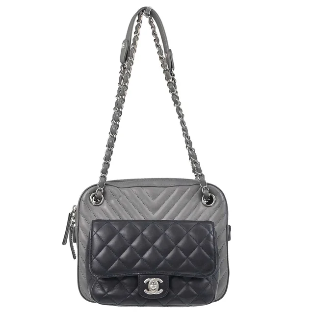 Chanel 2018-2019 Navy Gray Lambskin Chevron Paris-Hamburg Double Camera Case Bag in Navy Lambskin from AMORE Vintage Tokyo