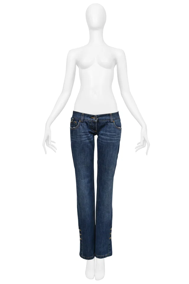 Dolce & Gabbana Low Rise Blue Denim Jeans With D-rings And Ankle Buttons in Blue Denim from Resurrection Vintage