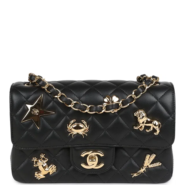 Chanel Mini Classic "Charms" Rectangular Flap Bag Black Lambskin Gold Hardware in Black Lambskin from Madison Avenue Couture