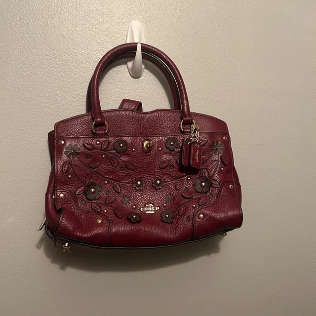 Coach Burgundy Pebbled Leather Floral Applique Satchel Handbag Gold Willow 38376 in gold|red Leather from Poshmark