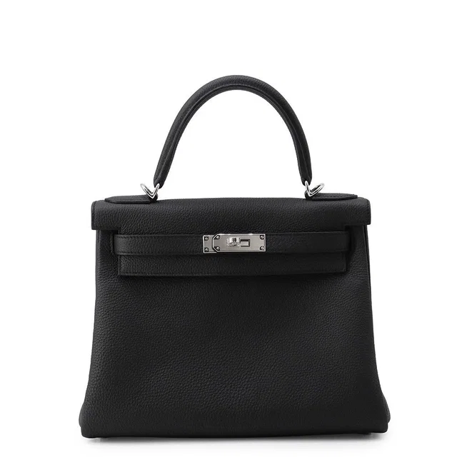 Hermès Handbag Kelly 28 Retourne Black Silver Togo 2-Way Bag in Black Togo leather from The Reluxe