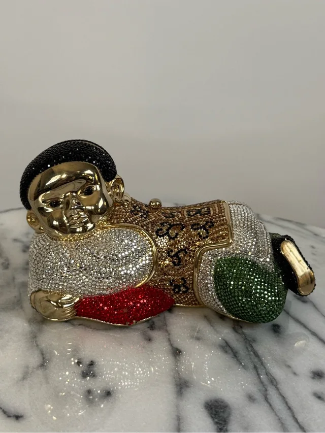 Judith Leiber Crystals Embellished Pillow Boy Resting Buddha in gold|red Lambskin from Poshmark