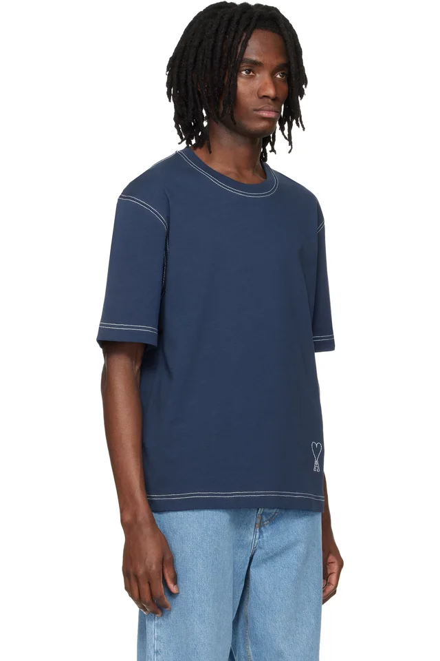 AMI Paris Blue Boxy Fit Topstitched Ami de Coeur T-shirt, photo 2 of 4 from SSENSE