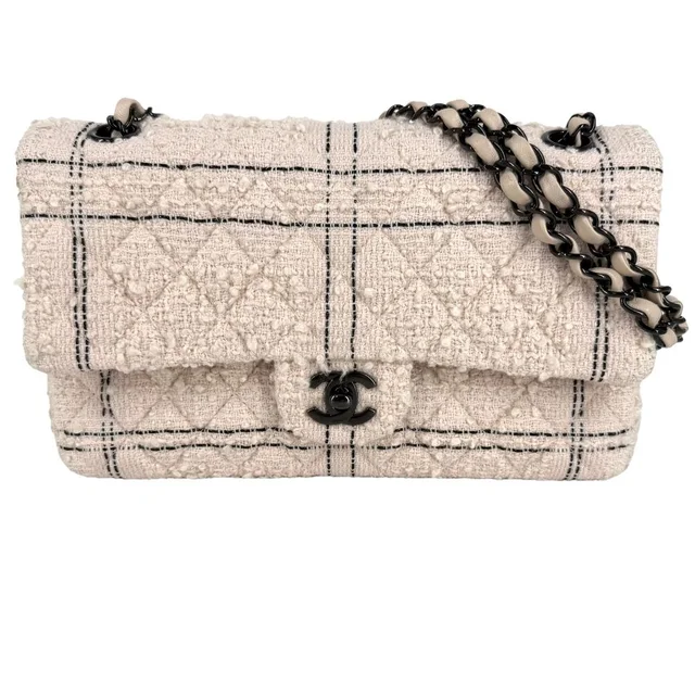 Chanel Shoulder Bag Quilted 25 CC Logo Crossbody Tweed Leather Pink Beige Black in Black Tweed from The Reluxe