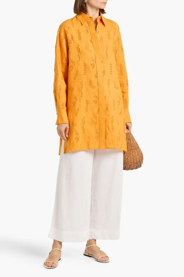 Chloé x Eres Patricia Broderie Anglaise Linen Shirt in Saffron, photo 2 of 4 from THE OUTNET