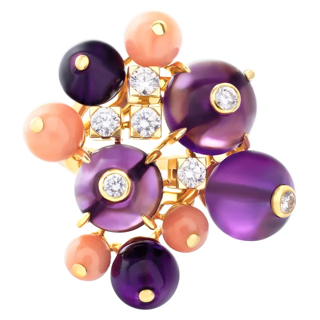 Cartier Delices de Goa ring in 18k with diamonds, amethyst and coral in Purple Yellow Gold from Gray And Sons