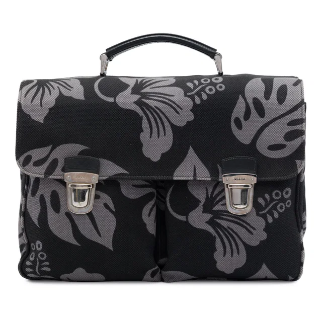 Gray Prada Canvas Floral Print Business Bag in Grey Canvas from Designer Revival