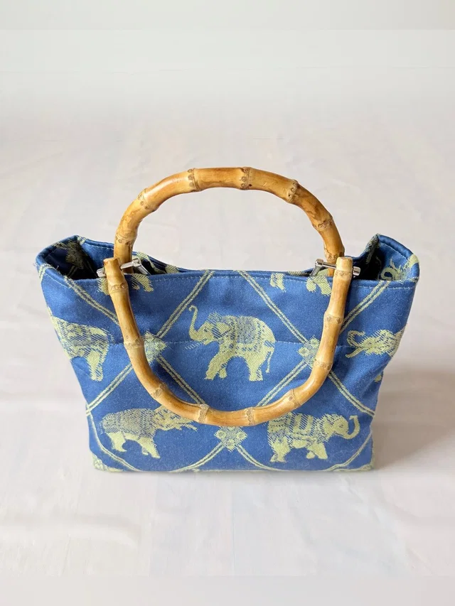 FRED Vintage Elephant Woven Jacquard Blue Mini Tote Bamboo Handle Purse in blue|green Woven leather from Poshmark