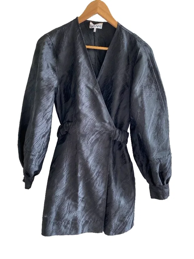 GANNI textured mini wrap dress black Size: 10 in Black Polyester from Oxfam Online Shop