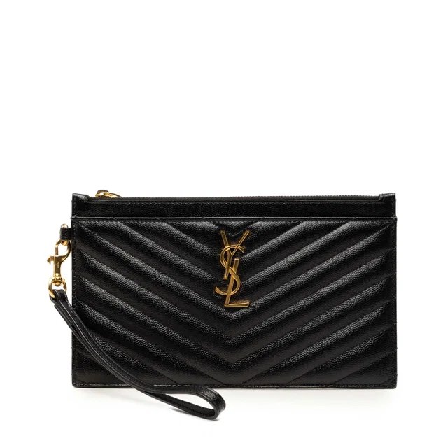 Black Saint Laurent Large Grain De Poudre Matelasse Cassandre Zip Pouch Clutch Bag in Black Leather from Designer Revival