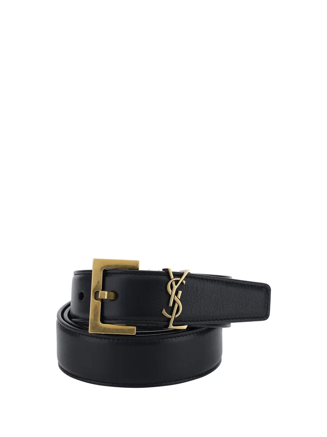 Saint Laurent Logo-Plaque Calf Leather Belt — Black Nero Bos Taurus in Black Calfskin from HEWI