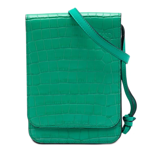 Green LOEWE Croc Embossed Leather Anagram Gusset Flat Crossbody in Green Crocodile from Designer Revival