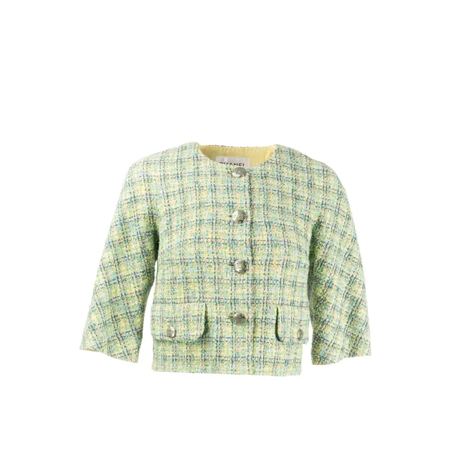 Chanel Size 34 Tweed Cropped Jacket Cotton/Polyester Light Green / Multicolour in Green Tweed from EMIER