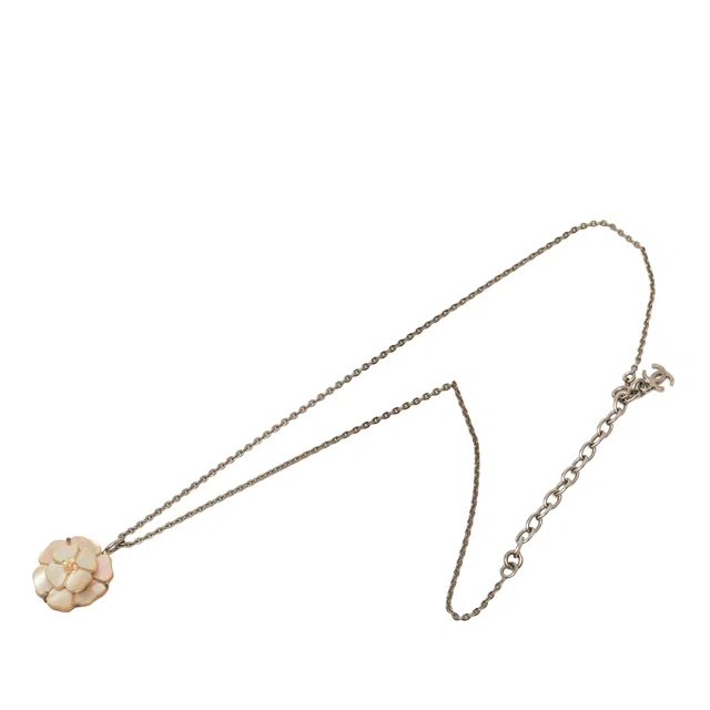 Silver Chanel Brass and Mother of Pearl Camellia Pendant Necklace in Silver from Designer Revival