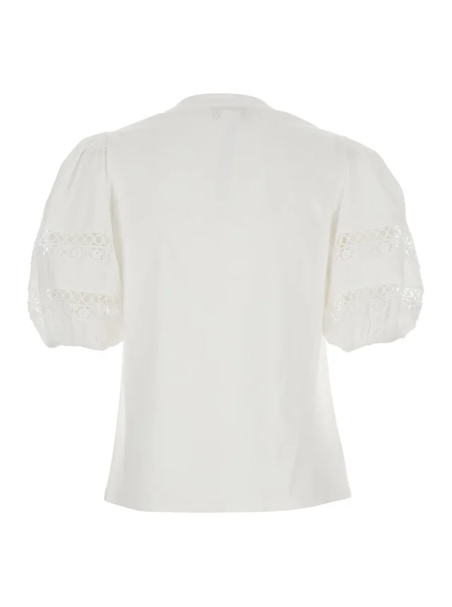 Twinset White T-Shirt with Embroidery Details on the Sleeves and Round Neck in Cotton for Women in White 100% Cotton, photo 3 of 6 from Gaudenzi Boutique