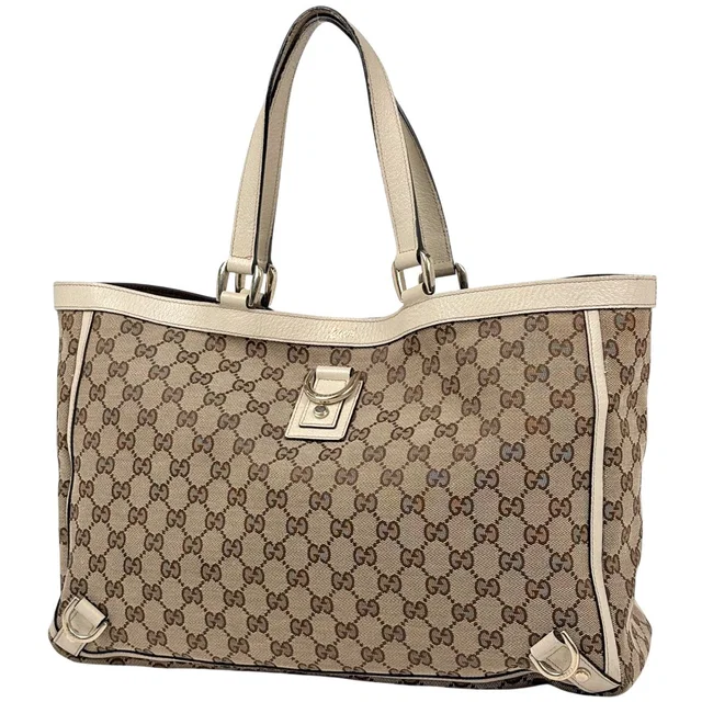 Gucci GG Pattern Tote Bag Abbey Canvas Beige White in White Canvas from The Reluxe