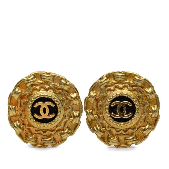 Chanel CC Gold Plated Resin Chain Round Clip On Earrings in Black Resin from Designer Revival