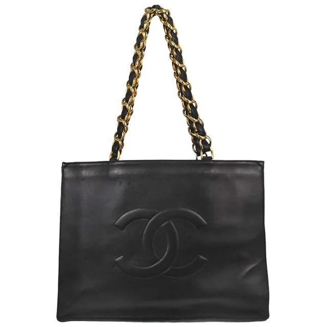 Chanel 1994-1996 Black Lambskin Chain Tote Shoulder Bag in Black Lambskin from AMORE Vintage Tokyo