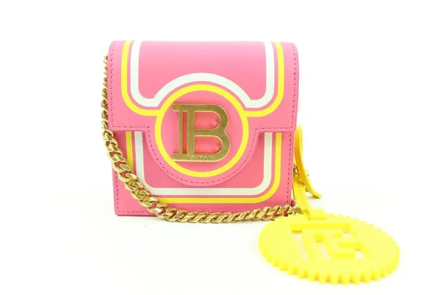 Balmain x Barbie Pink x Yellow Leather Mini Chain Crossbody Flap Bag in Pink Leather from Bagriculture