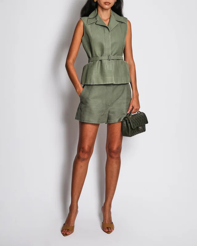Dior Khaki Sleeveless Vest with Matching Short Set Size FR 38 (UK 10) in Green Silk from Sellier