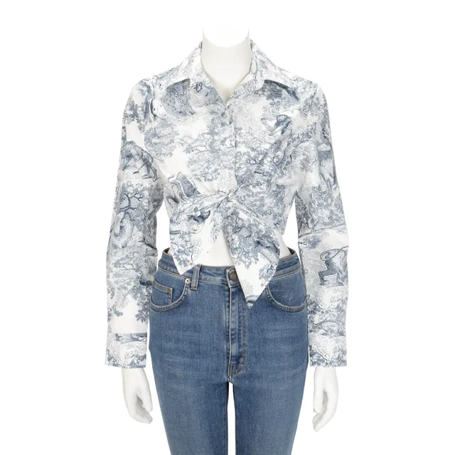 Dior Toile de Jouy Savage Dioriviera Cropped Tie Blouse FR 36 in Blue Silk from Blue Spinach