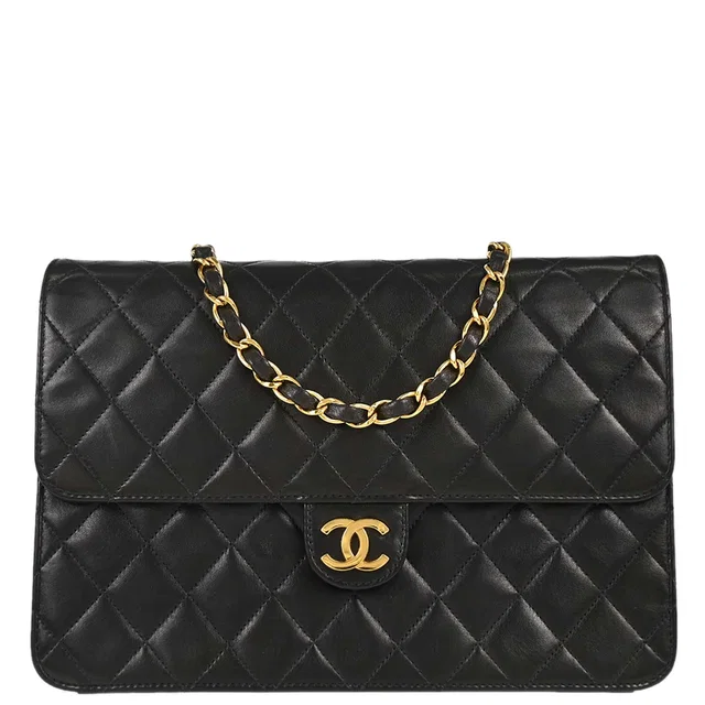 Chanel 1997-1999 Black Lambskin Pushlock Medium Half Flap Shoulder Bag in Black Lambskin from AMORE Vintage Tokyo