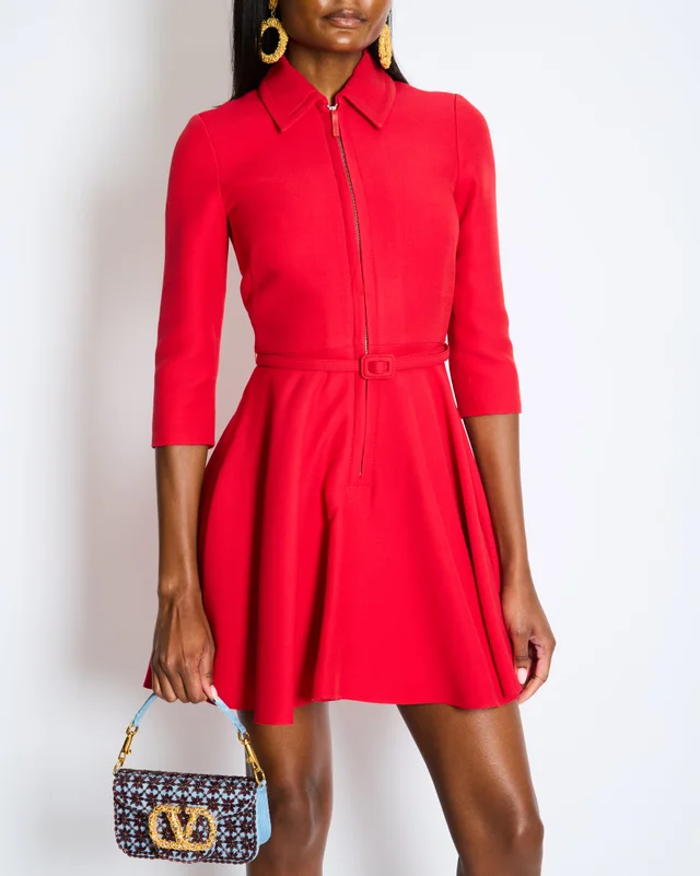 Dior Red Belted Wool Mini Dress with Front Zip Detail Size FR 34 (UK 6) in Red Wool from Sellier, photo 2 of 2