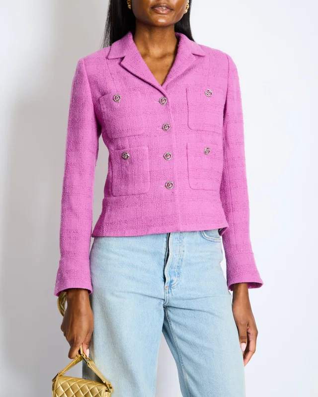 Chanel FW/23 Purple Wool Tweed Jacket with Silver CC Logo Buttons Size FR 36 (UK 8) in Purple Tweed from Sellier