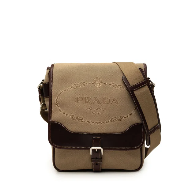Beige Prada Leather Trimmed Canvas Canapa Logo Buckle Messenger Bag in Beige Canvas from Designer Revival